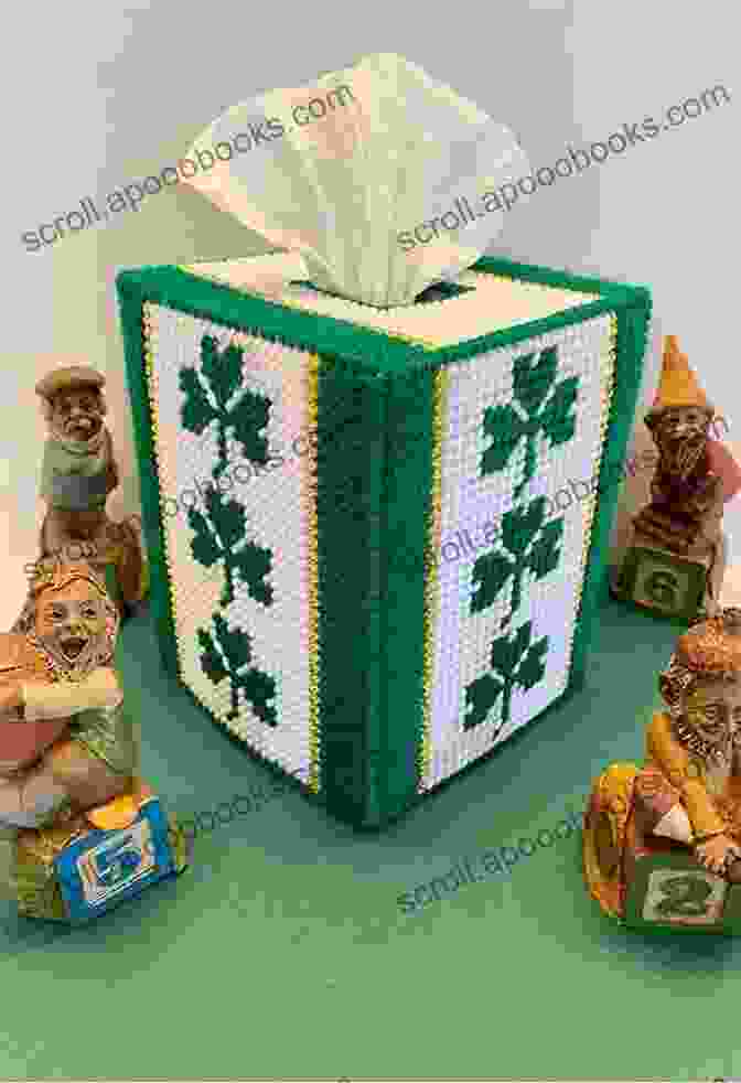 A Completed Lucky Shamrock Tissue Box Cover Adorning A Coffee Table, Adding A Festive Touch To The Room And Providing A Functional Way To Conceal Tissues. Lucky Shamrock Regular Tissue Box: Plastic Canvas Pattern