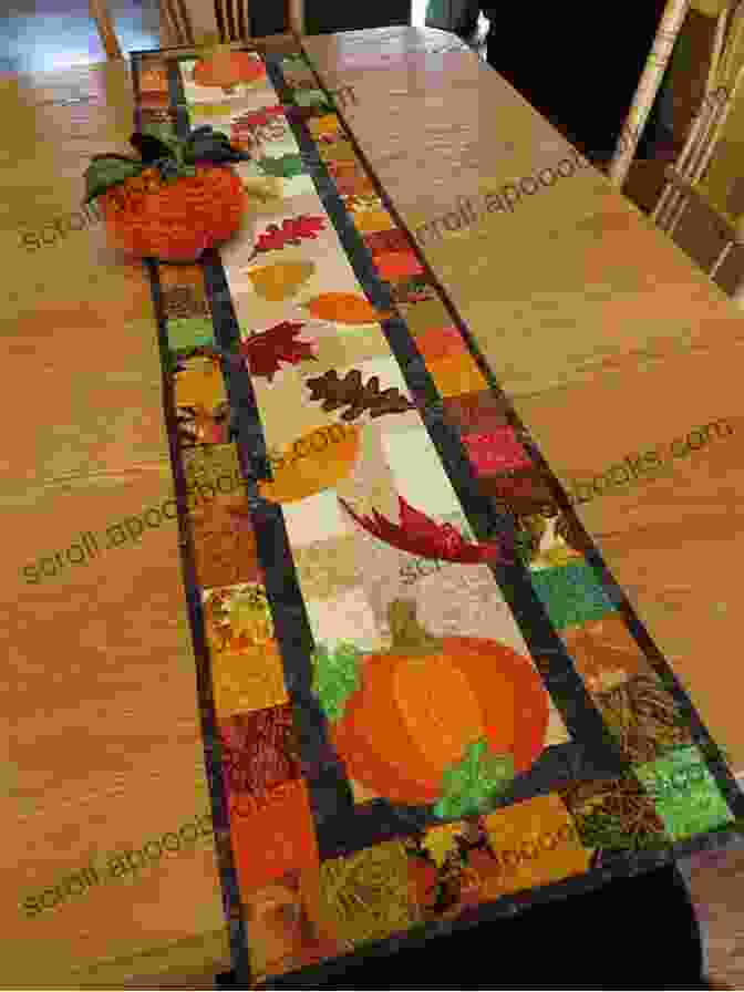 A Cozy Fall Themed Table Runner Quilt Featuring A Patchwork Of Warm Colored Fabrics And A Leaf Shaped Appliqué. Seasonal Table Runner Quilts: Dress Your Tables For Any Holiday Or Season With These Patterns For Runners Quilt: Table Runner Quilts Through The Seasons