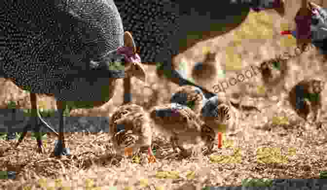 A Mother Guinea Fowl Tending To Her Chicks, Nurturing And Protecting Them From Harm. Guinea Fowl Backyard Poultry: Keeping Guinea Fowl