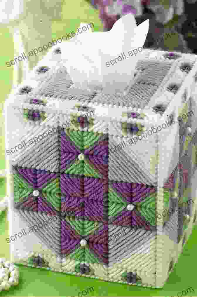 Close Up Of The Intricate Geometric Motifs And Patterns In The Southwestern Beauty Regular Tissue Box Plastic Canvas Pattern. Southwestern Beauty Regular Tissue Box: Plastic Canvas Pattern